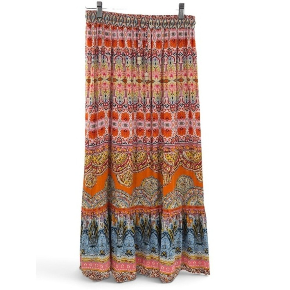 Rachel Zoe Paisley Maxi Skirt Size M Est Orange Pink Boho Elastic Waist Viscose